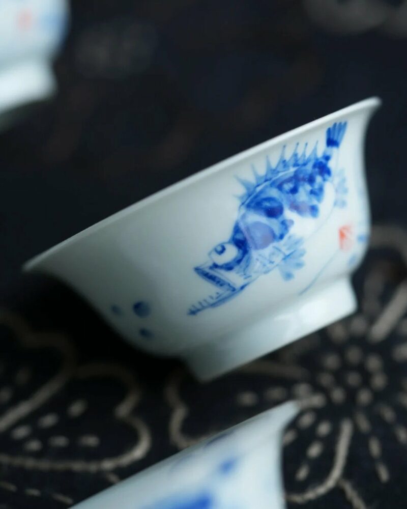 Handmade Hand-painted Qinghua Porcelain Blue and White Mandarin Fish Gaiwan Set
