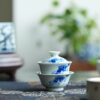 Handmade Hand-painted Qinghua Porcelain Blue and White Mandarin Fish Gaiwan Set