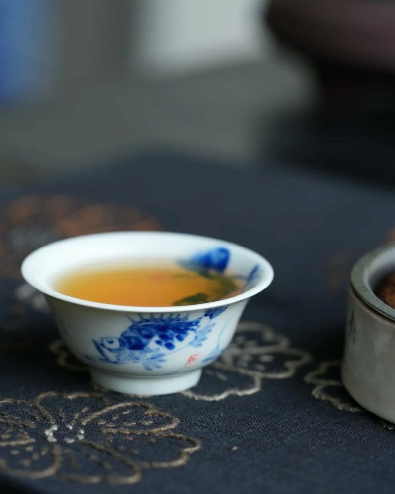 Handmade Hand-painted Qinghua Porcelain Blue and White Mandarin Fish Gaiwan Set