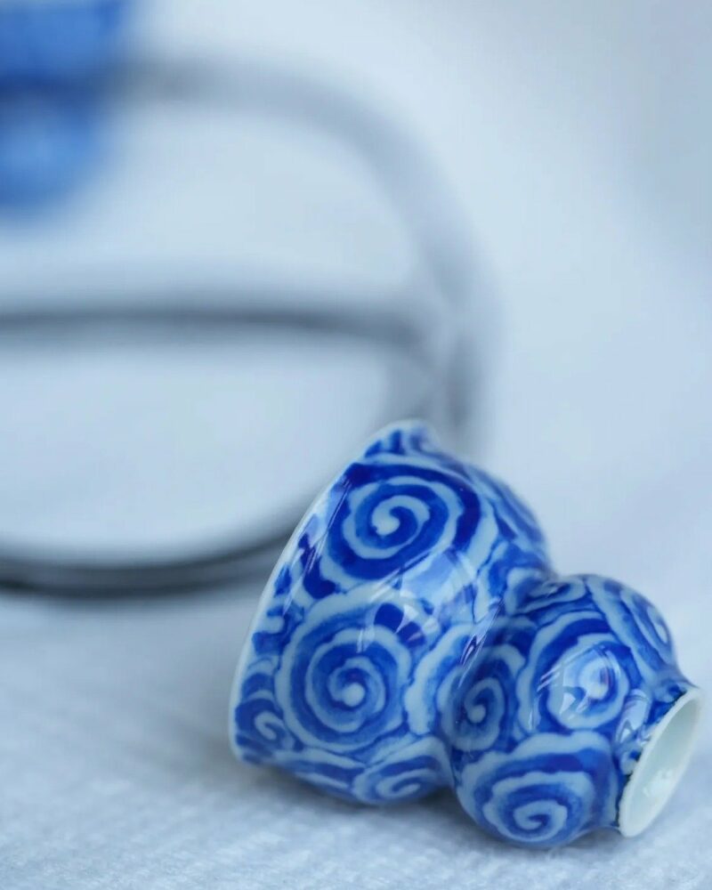 Handmade Hand-painted Wood-kiln Fired Qinghua Ceramic Cloud Motif Gourd Shape Pendant