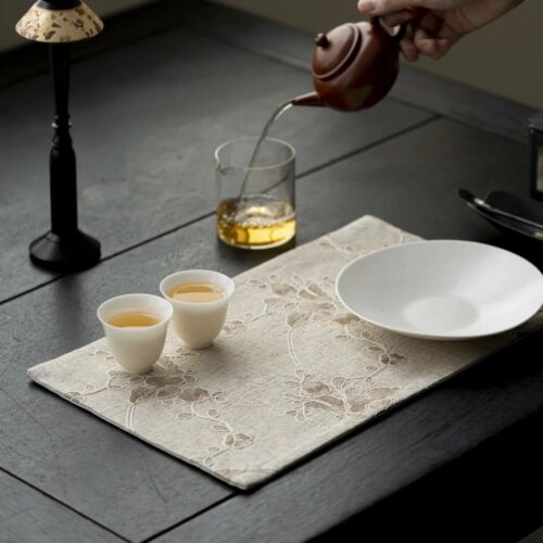 Embroidered Cotton and linen Ivory Floral Tea Mat