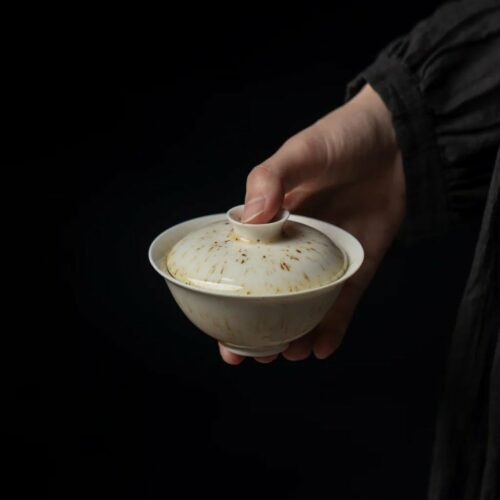 Gaiwan in ceramica con smalto sfumato color miele e striature avorio e ambra, 100 ml