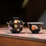 Handmade Hand-painted  Colourful Floral Medallions on Black 70ml Gaiwan and 50ml Cup Gaiwan Set