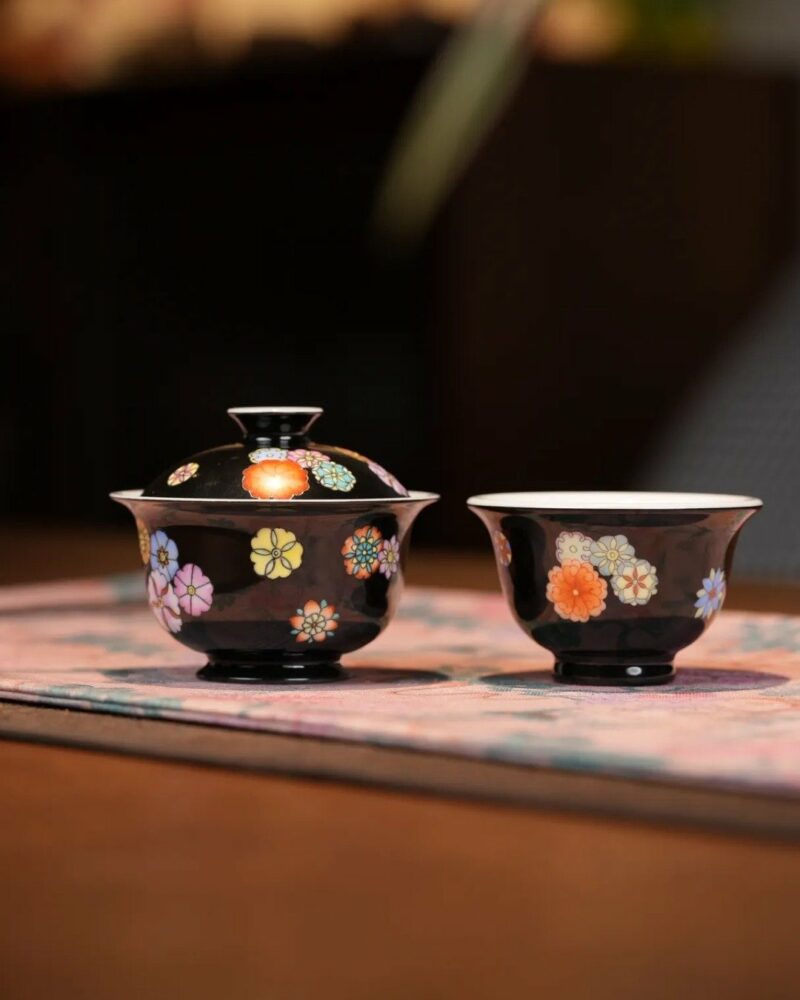 Handmade-Hand-painted-Colourful-Floral-Medallions-on-Black-70ml-Gaiwan-and-50ml-Cup-Gaiwan-Set1 Handmade Hand-painted Colourful Floral Medallions on Black 70ml Gaiwan and 50ml Cup Gaiwan Set