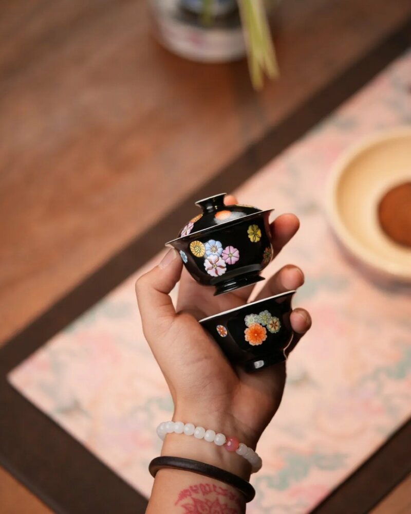 Handmade-Hand-painted-Colourful-Floral-Medallions-on-Black-70ml-Gaiwan-and-50ml-Cup-Gaiwan-Set2 Handmade Hand-painted Colourful Floral Medallions on Black 70ml Gaiwan and 50ml Cup Gaiwan Set
