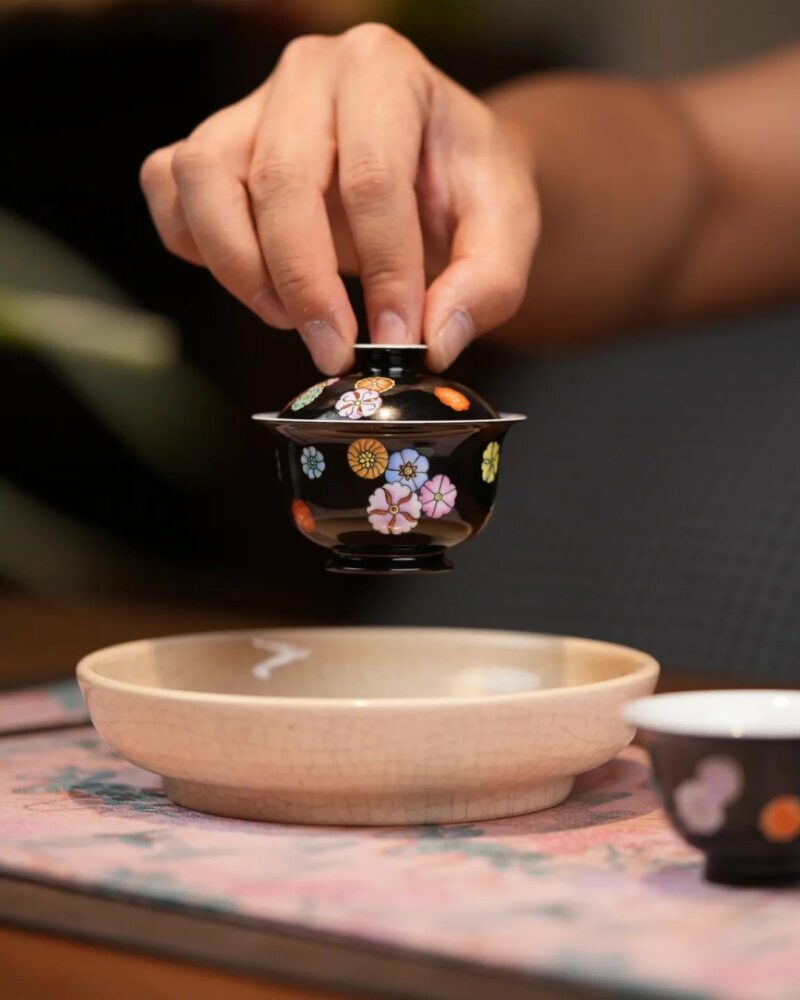 Handmade-Hand-painted-Colourful-Floral-Medallions-on-Black-70ml-Gaiwan-and-50ml-Cup-Gaiwan-Set4 Handmade Hand-painted Colourful Floral Medallions on Black 70ml Gaiwan and 50ml Cup Gaiwan Set