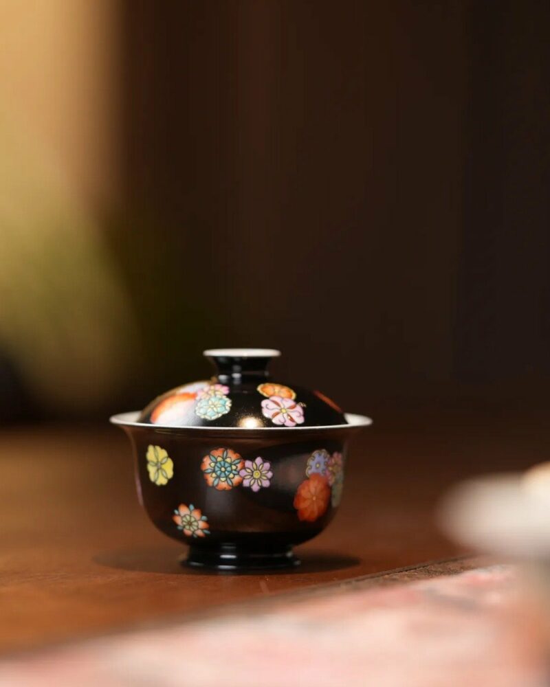 Handmade-Hand-painted-Colourful-Floral-Medallions-on-Black-70ml-Gaiwan-and-50ml-Cup-Gaiwan-Set7 Handmade Hand-painted Colourful Floral Medallions on Black 70ml Gaiwan and 50ml Cup Gaiwan Set