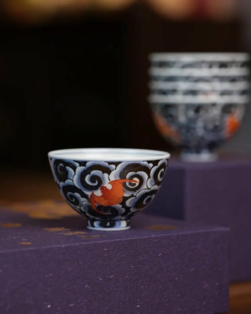 Handmade Hand-painted Qinghua  Scrolling Clouds with Red Bats 90ml Host Cup