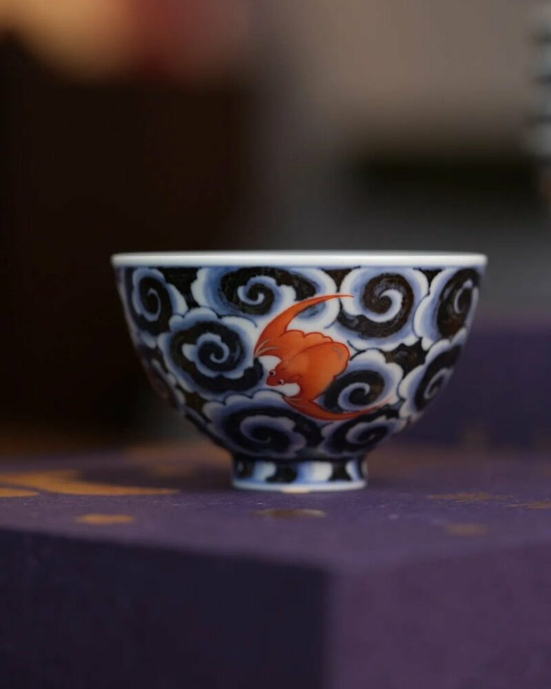Handmade Hand-painted Qinghua  Scrolling Clouds with Red Bats 90ml Host Cup