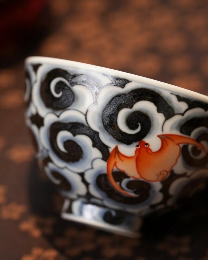Handmade Hand-painted Qinghua  Scrolling Clouds with Red Bats 90ml Host Cup